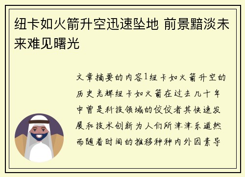 纽卡如火箭升空迅速坠地 前景黯淡未来难见曙光