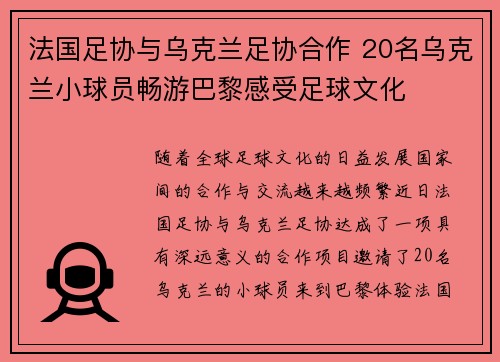 法国足协与乌克兰足协合作 20名乌克兰小球员畅游巴黎感受足球文化