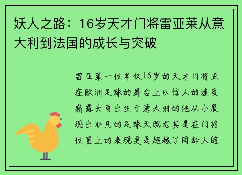 妖人之路：16岁天才门将雷亚莱从意大利到法国的成长与突破