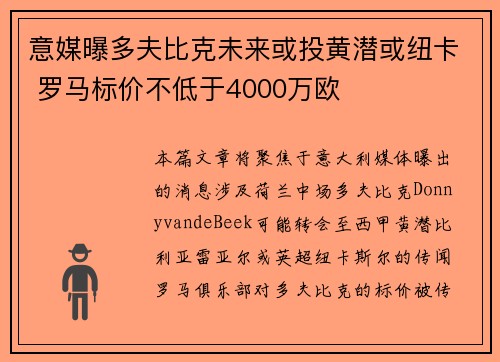 意媒曝多夫比克未来或投黄潜或纽卡 罗马标价不低于4000万欧