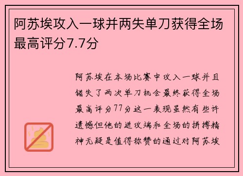 阿苏埃攻入一球并两失单刀获得全场最高评分7.7分