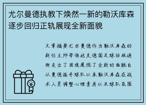 尤尔曼德执教下焕然一新的勒沃库森逐步回归正轨展现全新面貌